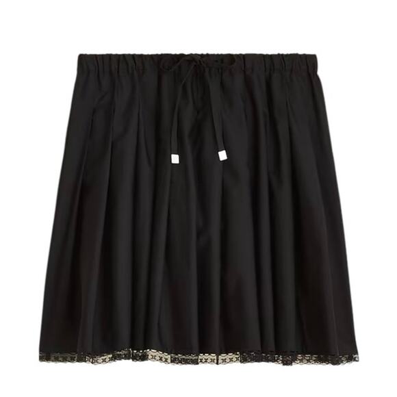 J CREW Pleated Tie Waist Mini Skirt Lace Trim Black Cotton Sz S NWT Preppy